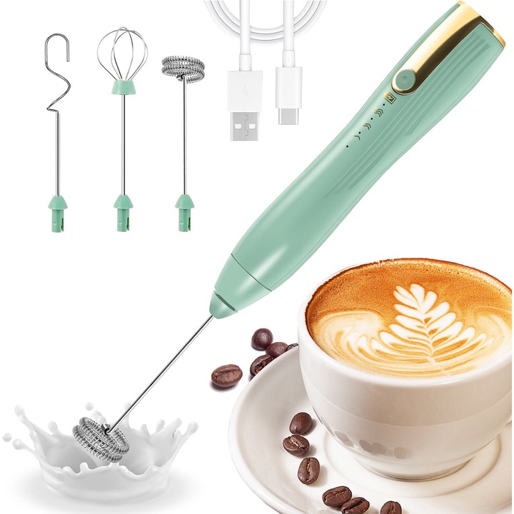 Mixer spuma lapte electric, Xinxu, acumulator reincarcabil USB, cu 2 capete, 3 trepte de viteza, ideal pentru cappuccino, caffe latte, ciocolata calda, Oua, lapte, Verde