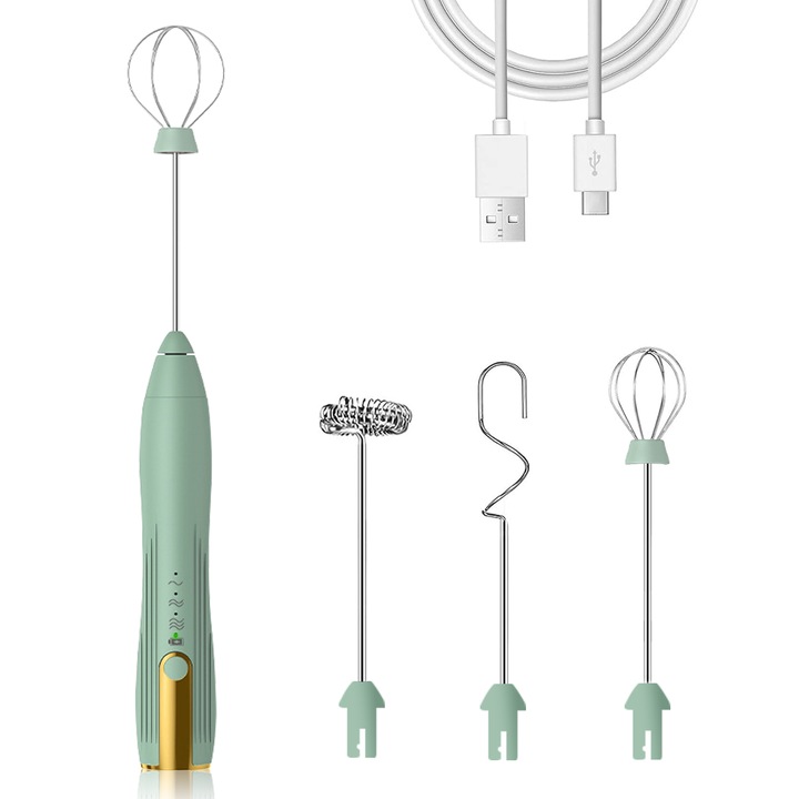 Миксер за разпенване на мляко Xinxu, USB акумулатор, 2 глави, 3 скорости, идеален за капучино, кафе лате, горещ шоколад, зелен