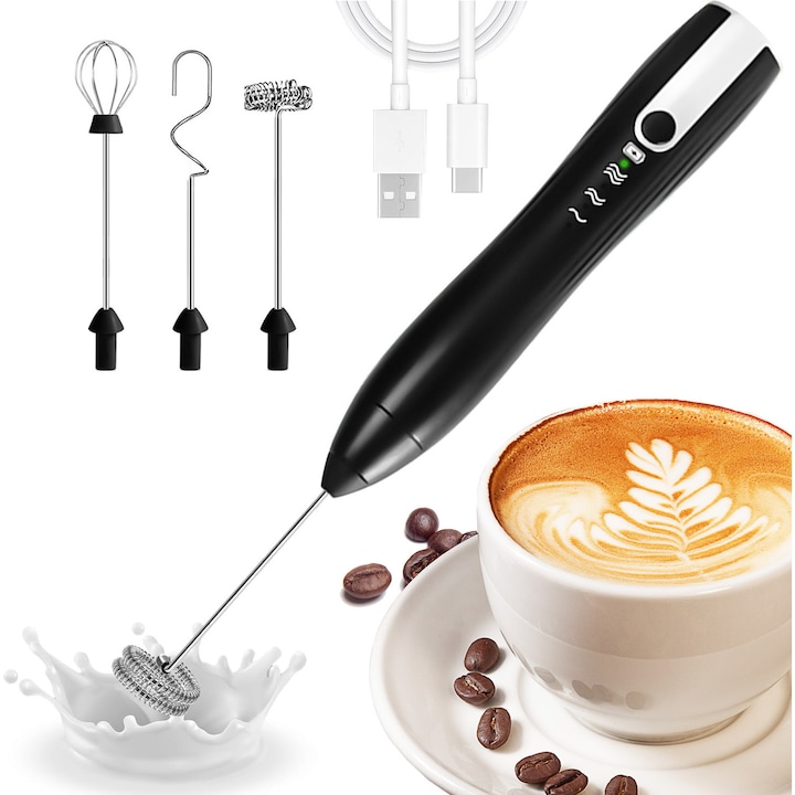 Mixer spuma lapte electric, Xinxu, acumulator reincarcabil USB, cu 3capete, 3 trepte de viteza, bauturi calde/reci, maner izolat termic, ideal pentru cappuccino, caffe latte, ciocolata calda, Negru