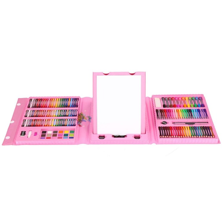 Set de pictura si desen pentru copii, 208 de piese, trusa plastic roz