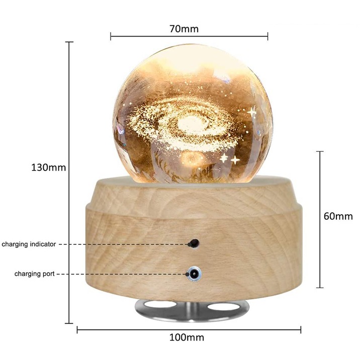 Lampa de veghe pentru copii, cu proiectie LED, cristal, baza din lemn de fag, 10x12.5x7cm