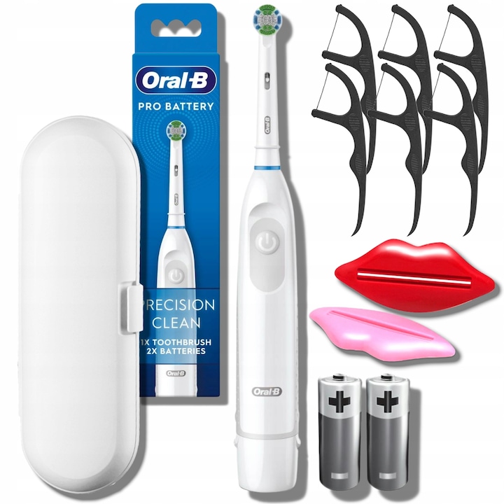 Szett, Elektromos fogkefe, Oral-B Advance Power DB5 Precision Clean, fehér, elemekkel, utazótáska, 2x paszta kihúzó, fogselyem