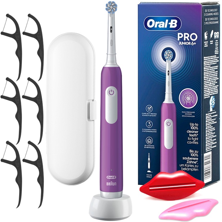 Set, Periuta de dinti electrica, Oral-B Junior 6+, Violet, Pentru copii, Caz de calatorie, 2x Storcatoare de pasta, Ata dentara