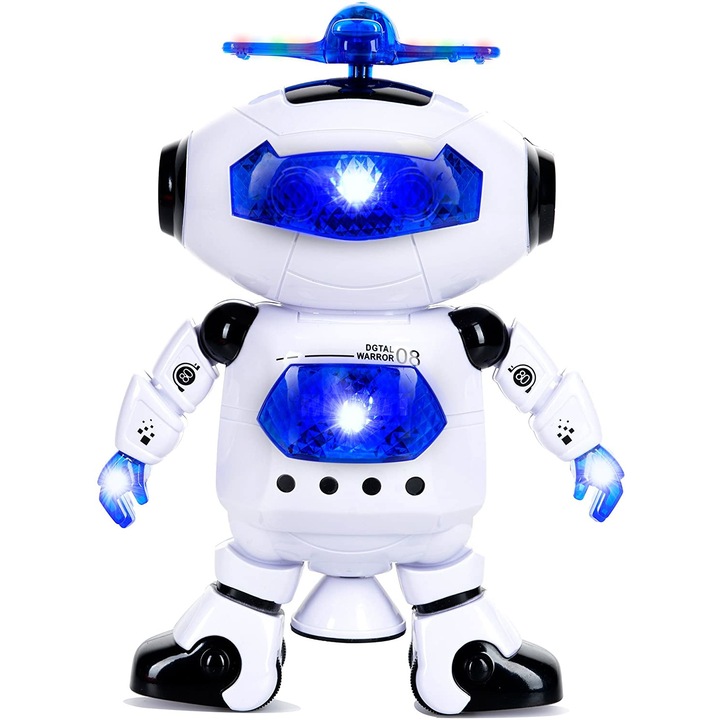 Robot de jucarie educativ QttvbTna, danseaza si se invarte 360°, materiale premium, cu lumini LED