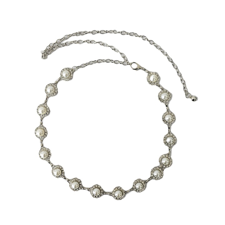 Метален колан Drop of Pearl, с регулируема верижка, перли и занаятчийски камъни, Дължина 110 см, Сребро, Кадифе