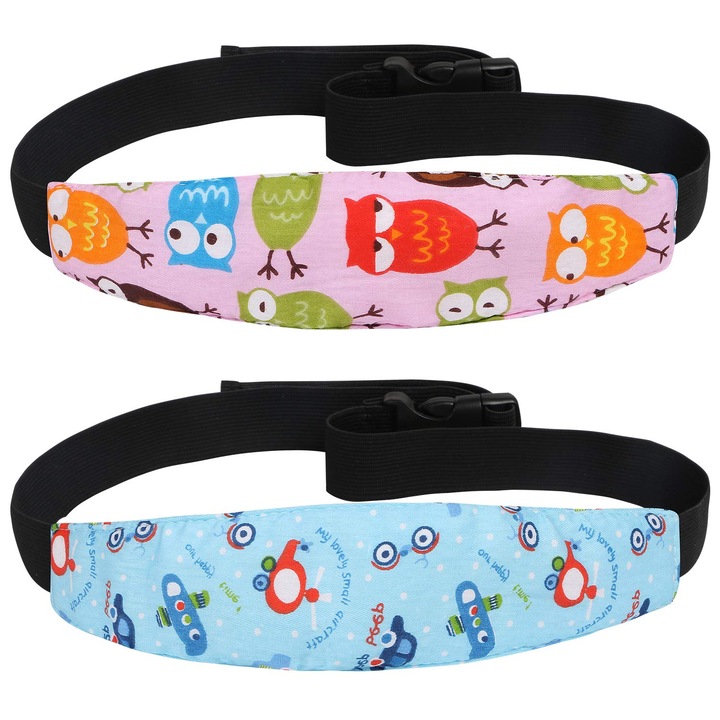 Set 2 centuri de siguranta copii, Bentita pentru scaunul auto, fixarea capului copilului, Textil/PVC, Pentru scaun auto, Multicolor