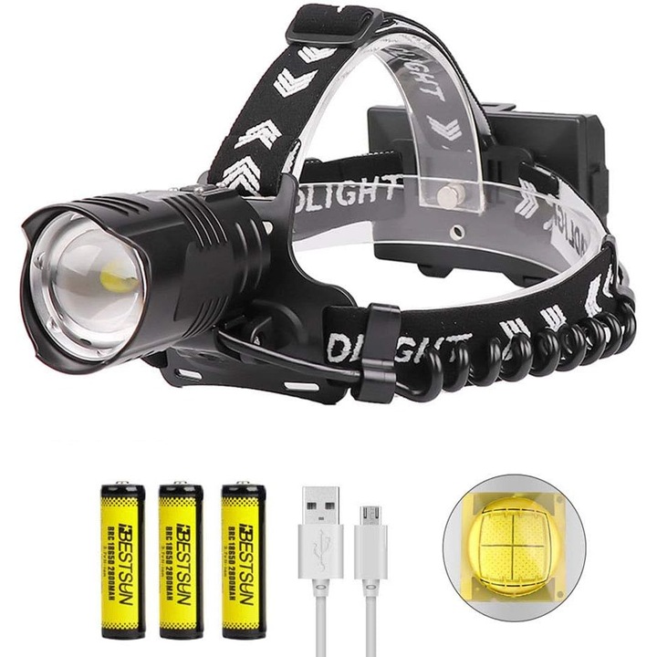 LED челник, QttvbTna, Alloy, 3 режима, Водоустойчив, 3 включени батерии, Черно/бяло