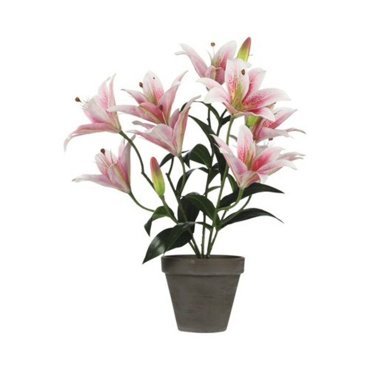 Planta Artificiala - Crin Tiger, Ø 13, 5 Cm, H 47 Cm, Roz, Ghiveci Gri