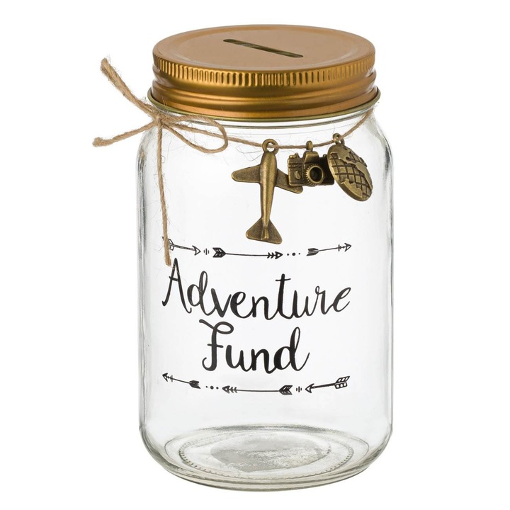 Стъклен буркан Shopiens® касичка с метален капак Adventure Fund, 8 x 14 см