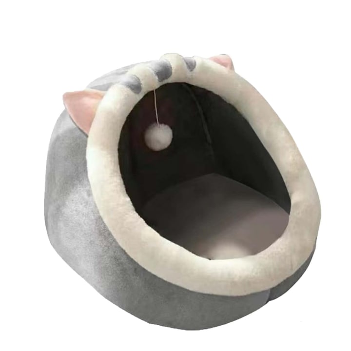 Patut pisici si caini cu minge suspendata pentru joaca, culcus din flanel, moale si pufos, antiderapant, perna detasabila cu 2 fete, Alb/Gri