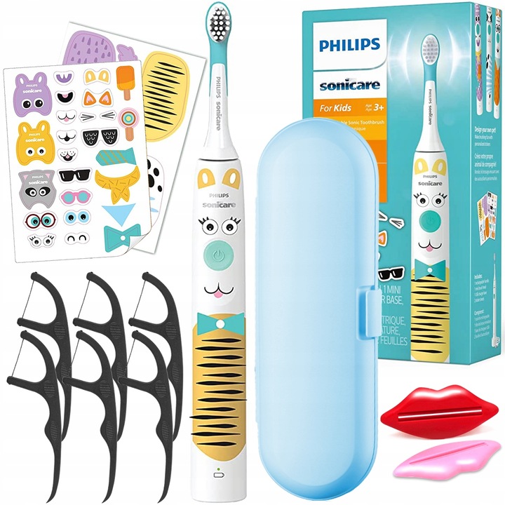 Szett, Elektromos fogkefe, Philips Sonicare For Kids 3+ Design a Pet HX3601/01, Fehér, Gyermekeknek, 2x Pasztakihúzó, Fogselyem