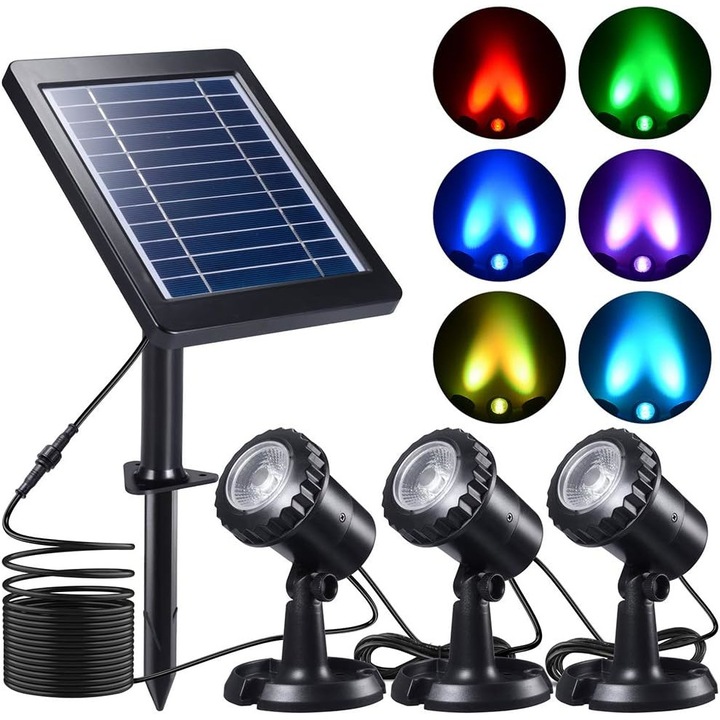 Комплект от 3 соларни проектора, Tovbmup, IP65 / IP68, многоцветен LED, черен