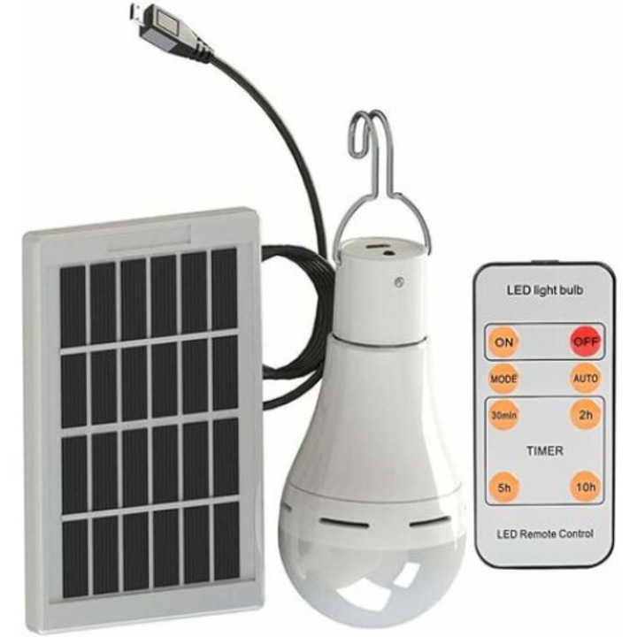 Bec LED cu panou solar, iluminare 4 ore, alb rece, plastic, 1.5W