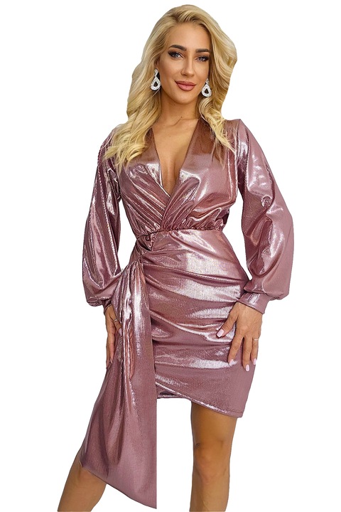 Rochie de ocazie Glena, cu aspect metalic si detaliu asimetric, Roz pal, Marime universala S/M