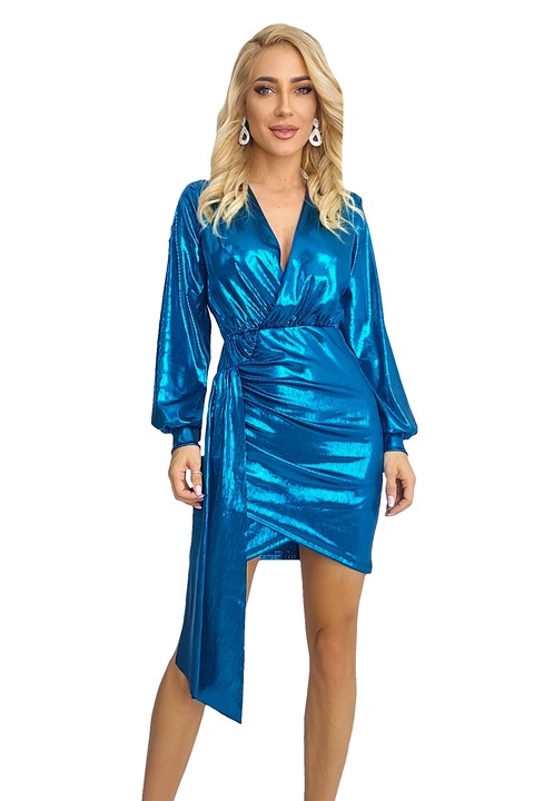 Rochie de ocazie Glena, cu aspect metalic si detaliu asimetric, Albastru, Marime universala S/M