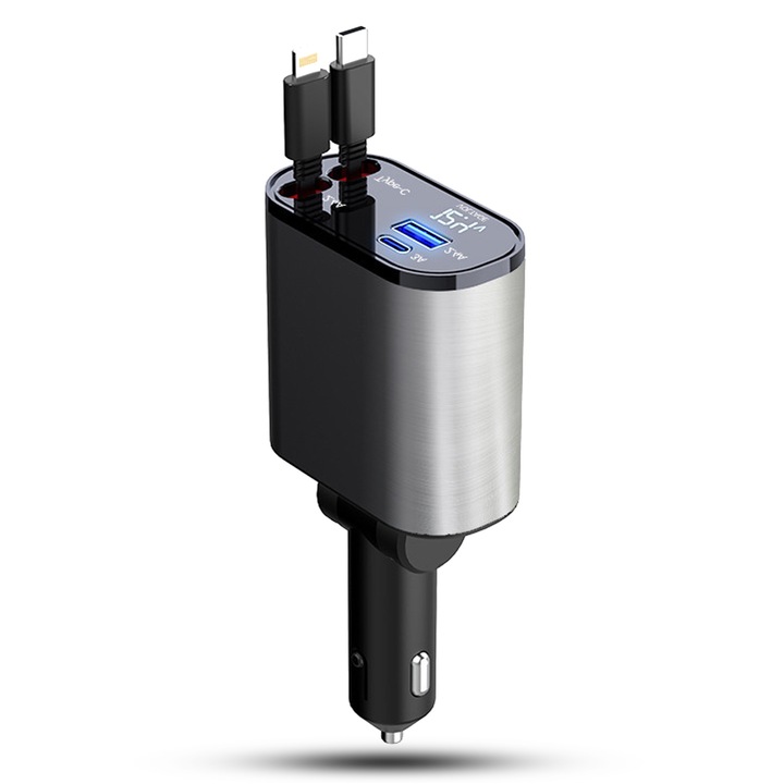 Зарядно за кола 100 W супер бързо зареждане, Timebox, Type-C + Lightning Retractable Cable, USB щепсел, USB-C, LED дисплей, универсален, черен