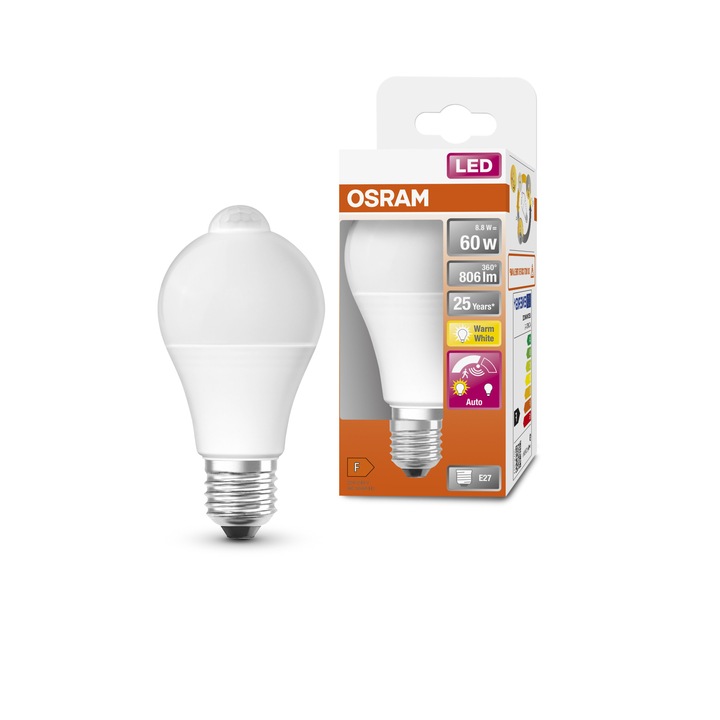 Крушка LED Osram, Със сензор за движение, A60, E27, 8.8W (60W), 806 лумена, Топла светлина (2700K), Енергиен клас F
