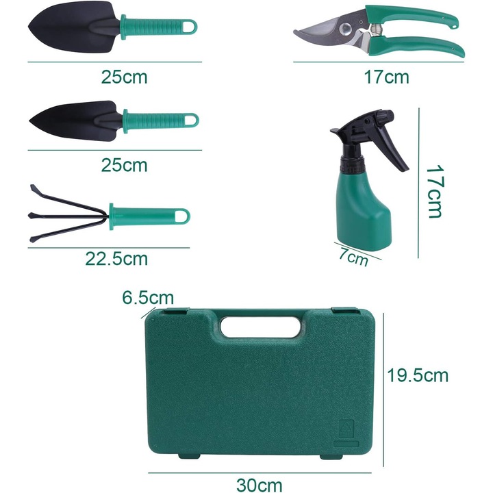 Set unelte de gradina AMRINUGL, 10 piese, verde inchis, cu maner ergonomic, cutie portabila