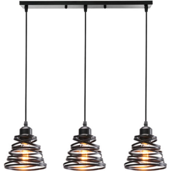 Set 3 lustre vintage industriale, negru, 15x17cm, cablu 100cm
