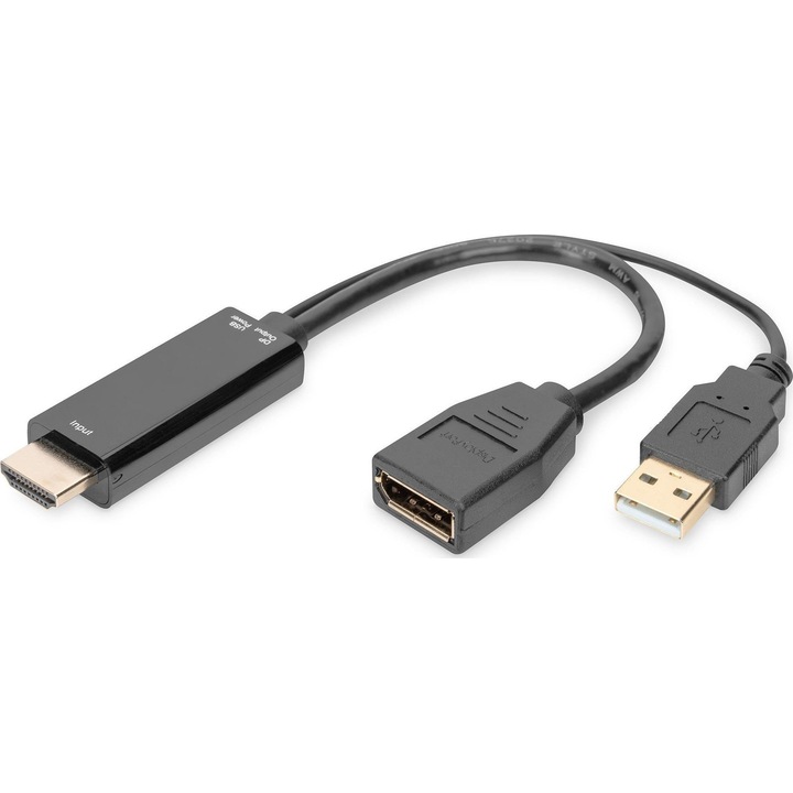 Адаптер, Digitus, HDMI към DisplayPort/USB-A, 20 см, черен