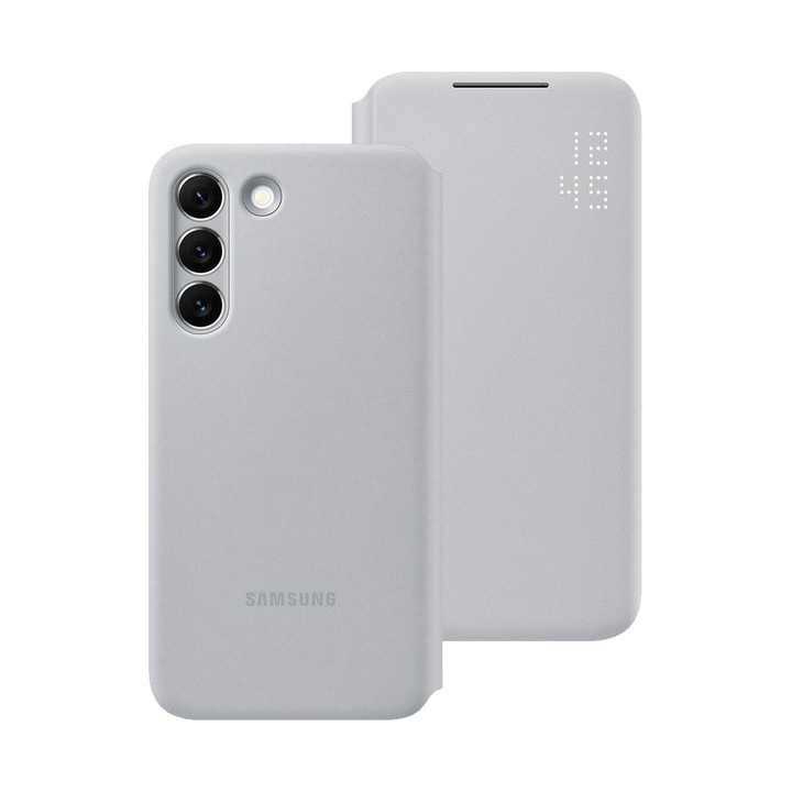 Védőtok, Samsung, Ökológiai bőr, Galaxy S22-vel kompatibilis, LED, Szürke