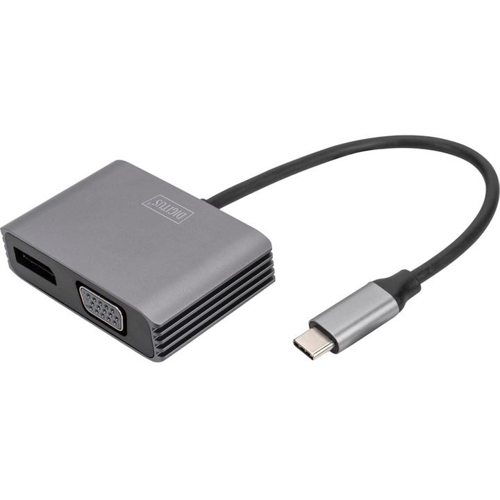 Адаптер Digitus, USB-C към DisplayPort/VGA, 30Hz, 20cm, сив