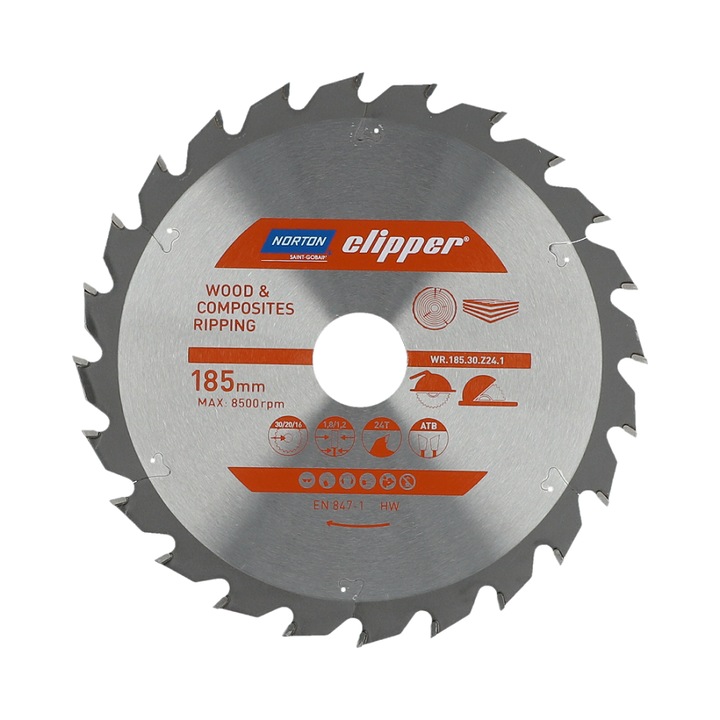 Fierastrau circular, Norton Clipper, Carbura, 185 mm x 30 mm, 24 Dinti, Pentru lemn, Argintiu