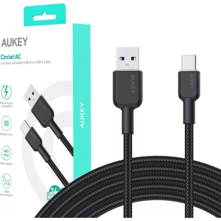 Adat- és gyorstöltő kábel, Aukey, Nylon, USB-A / USB-C, 60 W, 3 A, 20 V, 1 m, Fekete