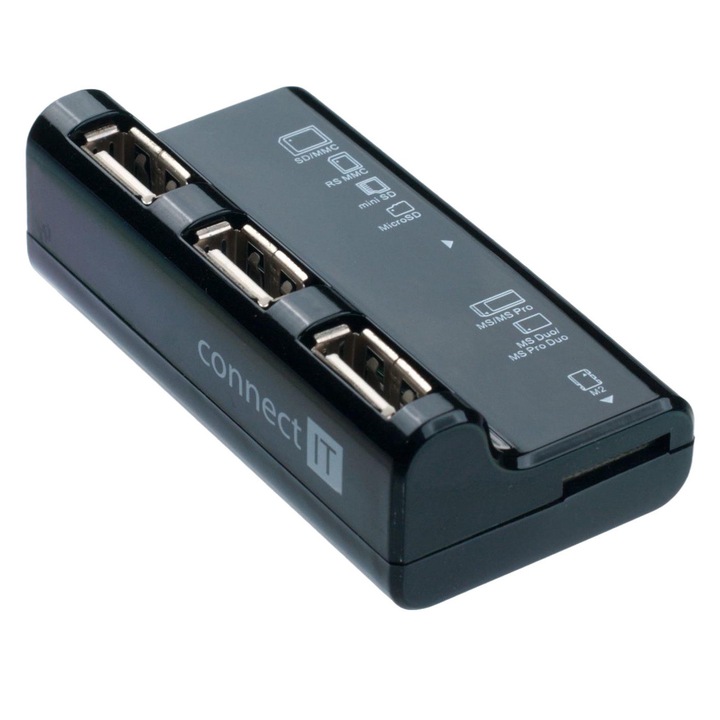 HUB USB 2.0 kártyaolvasóval, Connect IT, 3 port, fekete