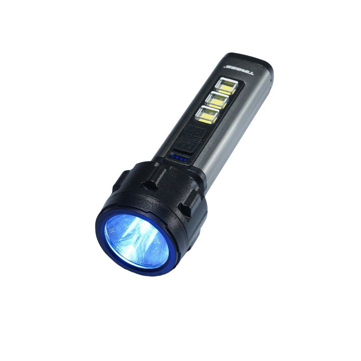 Акумулаторен LED фенер, TIROSS, 3 2, 1200mAh, 6 часа, 150 м, Сив