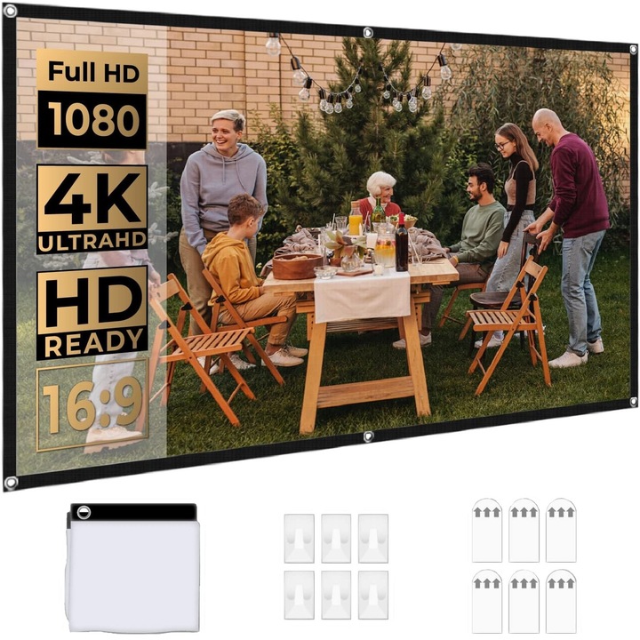 Ecran de proiectie videoproiector, HD 16:9 de 120 inch, Ultra HD 4K, cu doua fete, fara sifonare, utilizare pentru Home Cinema interior si exterior