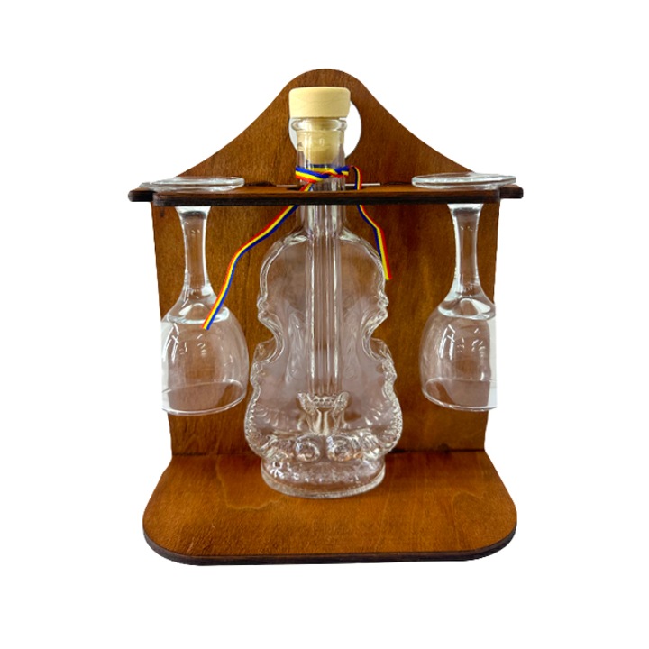 Minibar, suport din lemn, cu sticla in forma de vioara si doua pahare, Velve