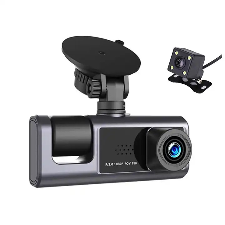Camera tripla auto de bord Full HD 1080P, Unghi inregistrare 170°, IPS Display 2", Night Vision, Inregistrare Dubla, Loop Recording, G-sensor, Detectare Miscare, Negru + Card de memorie
