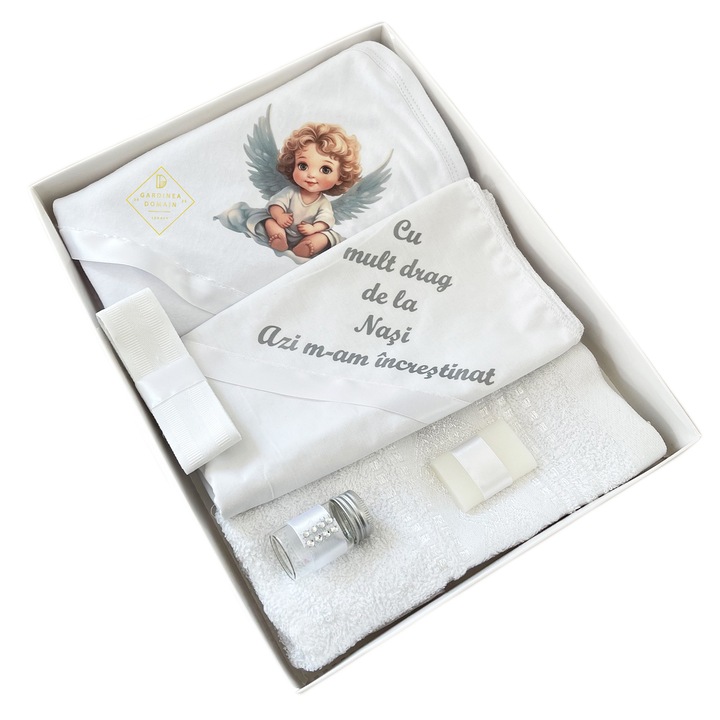 Trusou ingeras realist botez Gardinea Domain® 6 piese, in cutie, bumbac 100%, cu mesajul "Cu mult drag de la nasi, Azi m-am increstinat", alb