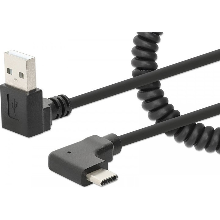 Cablu spiralat, Manhattan, USB-A/USB-C, 1 m, Negru