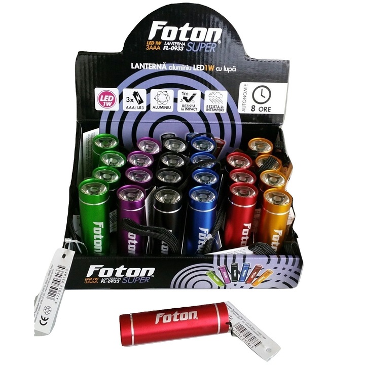 Комплект от 24 бр. Алуминиев фенер Foton 0933 LED 1W с лупа в смесени цветове и кутия с автоматичен дисплей