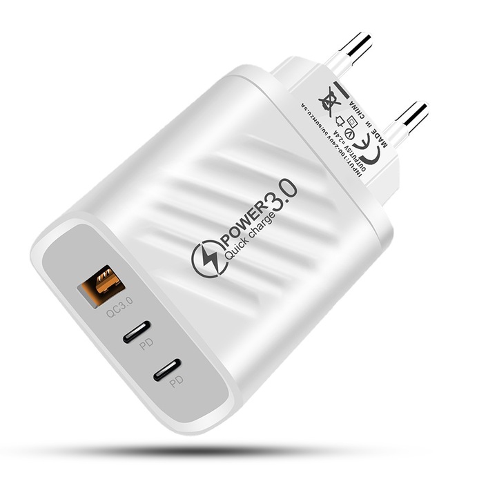 Мрежово зарядно устройство Timebox, 3 порта, 20 W бързо зареждане, 2 x Type-C, 1 x USB, LED, съвместимо с iPhone, Huawei, Samsung, бяло