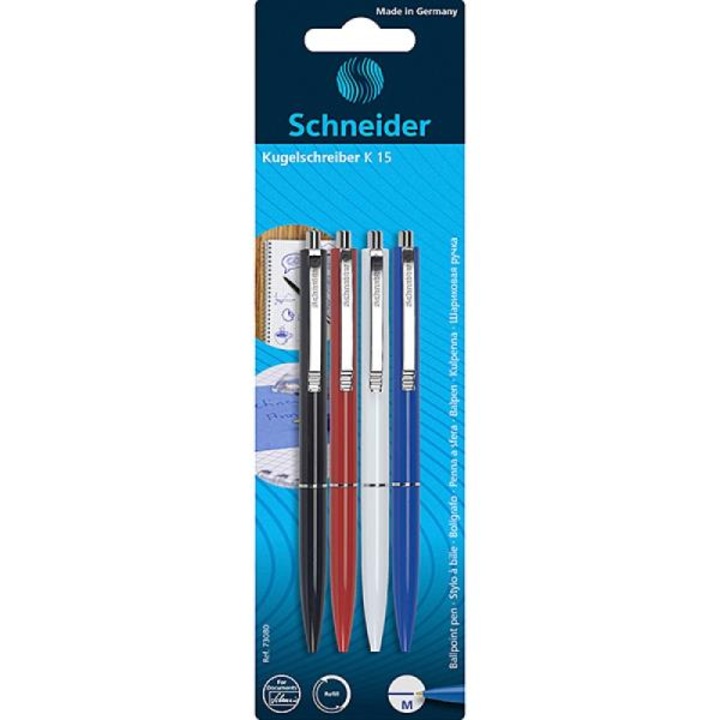 Комплект 4 химикалки K15, SCHNEIDER, Пластмаса / Стомана, Многоцветни