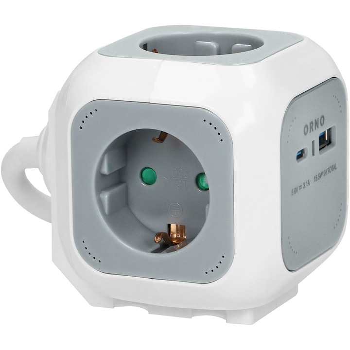 Prelungitor Orno OR-AE-13247(GS)/G, 4 prize, USB-A/C, 15W 3.1A, incarcare rapida, 1.4m H05VV-F 3x1mm², Alb/Gri
