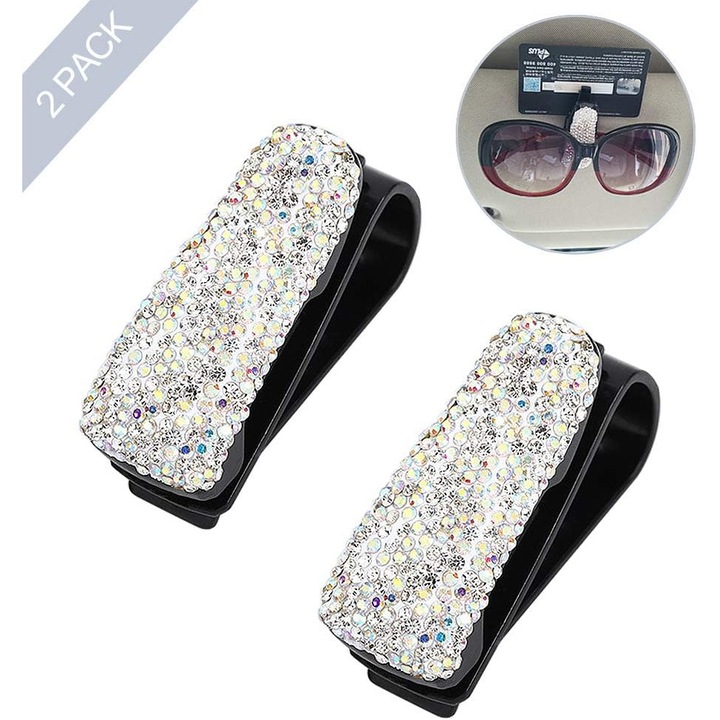 2 db autós szemüvegtartó készlet QttvbTna szemüveghez, strassz kristályok, rögzítés a napellenzőre