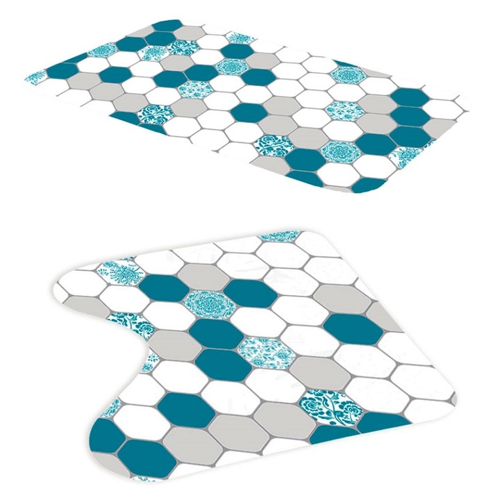 Set 2 covorase baie, Frandis, antiderapante, 45x75 cm si 45x45 cm, poliester, alb/gri bej/albastru, model Mosaique