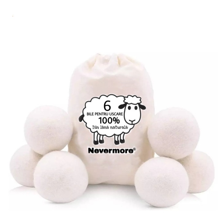 Set 6 Bile din Lana 100% pentru Uscator, NEVERMORE, Reutilizabile, diametru 7 cm, Alb