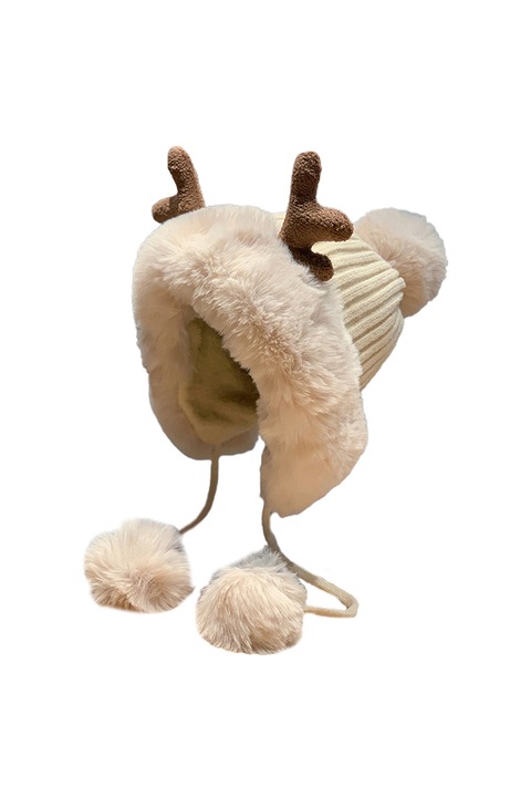 Caciula dama, accesorizata cu cornite de ren, decupaj la spate pentru par, model pom pom cu prindere sub barbie, tematica pretty cute for a deer, marime universala, crem, EFAYN