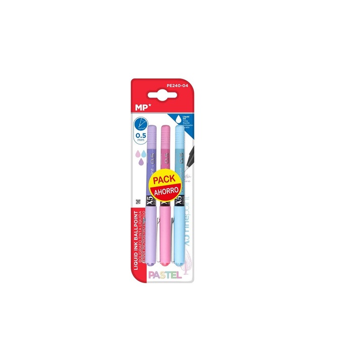 Комплект от 3 броя пастелни химикалки с течно мастило, розово, лилаво, синьо