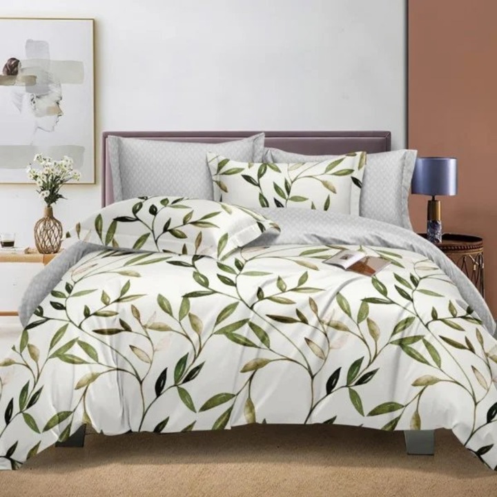 Двойно спално бельо, полипамук, с ластик, 4 части, 2 лица, Зелено/Кремаво