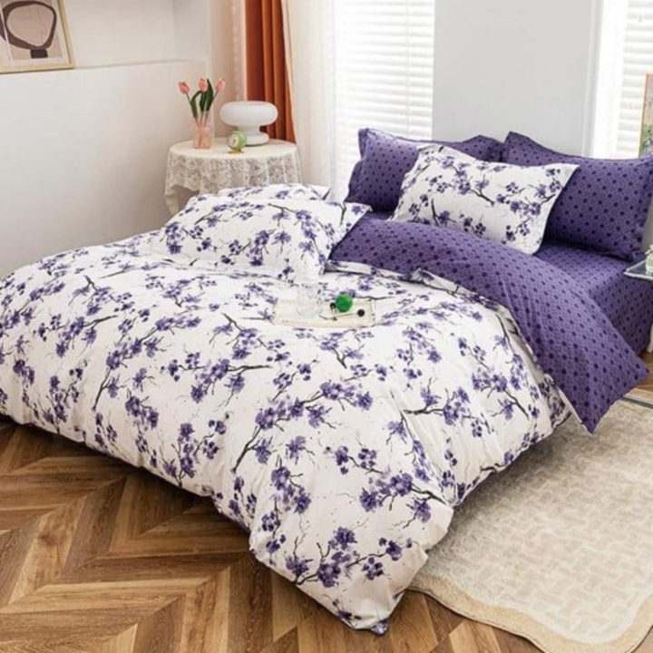 Двойно спално бельо, полипамук, с ластик, 4 части, 2 лица, бяло/лилаво