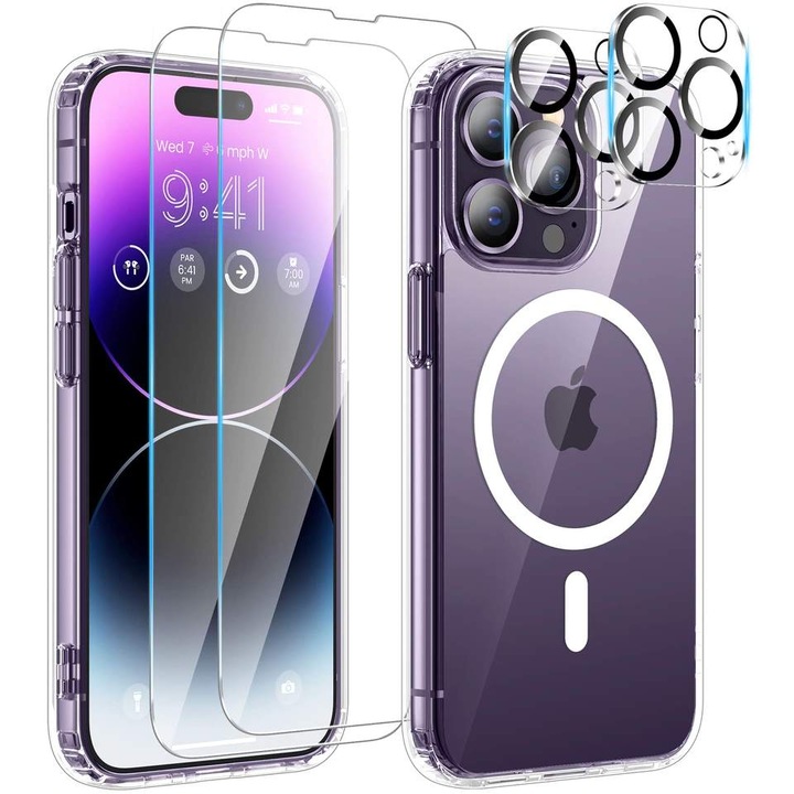 5 AZ 1-BEN SZETT Kompatibilis az iPhone 14 készülékkel: 1 x átlátszó MagSafe tok, 2 x 9H edzett üveg képernyőfólia, 2 x 9H edzett üveg kamerafólia