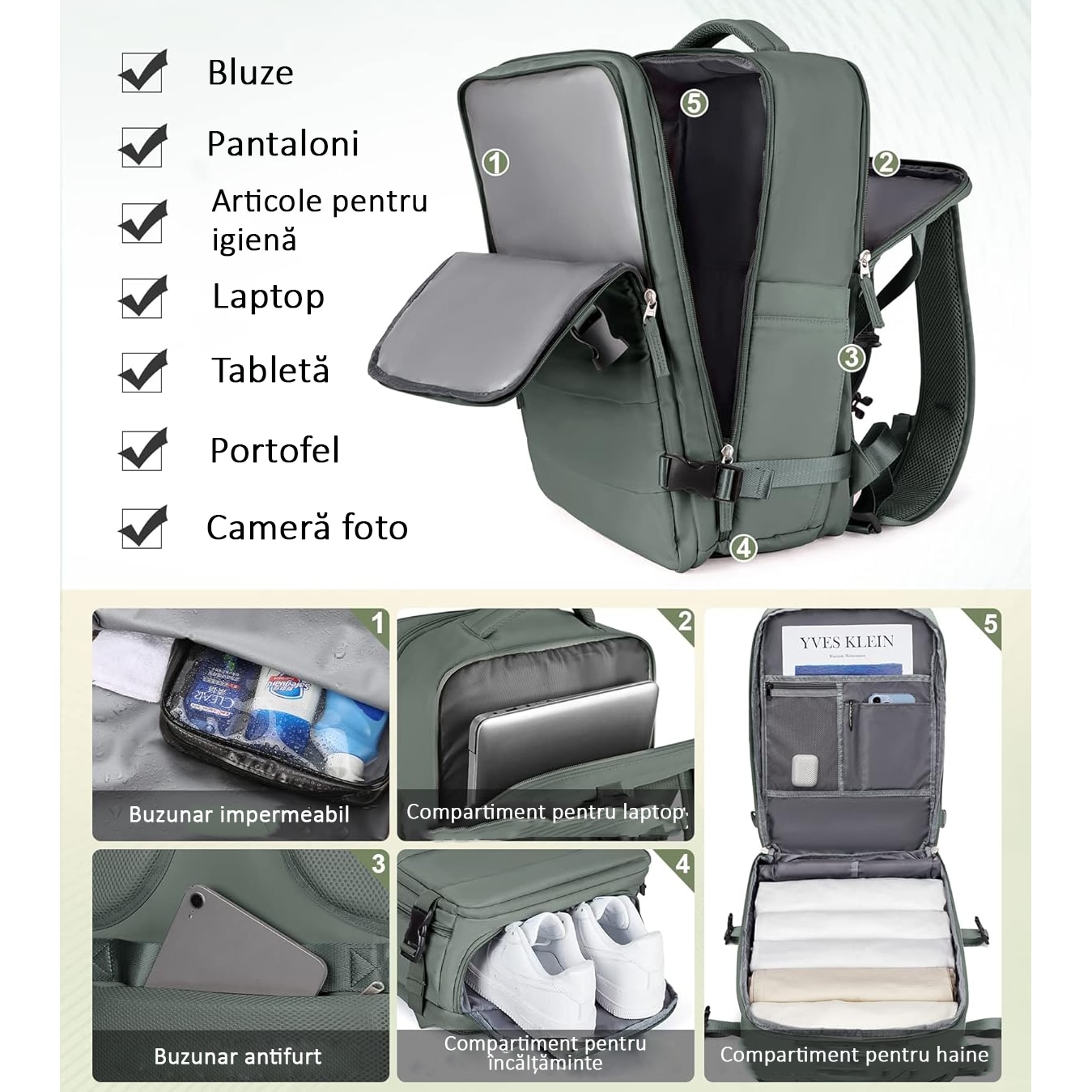 Rucsac de Calatorie pentru Avion, City Break, Impermeabil, port USB, pana la 35 L, Kaki, OBRALIX®