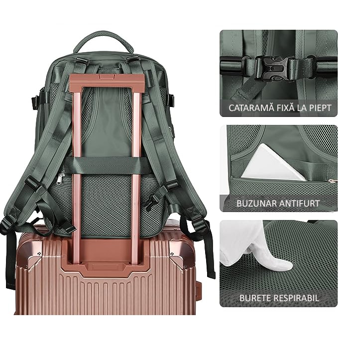 Rucsac de Calatorie pentru Avion, City Break, Impermeabil, port USB, pana la 35 L, Kaki, OBRALIX®