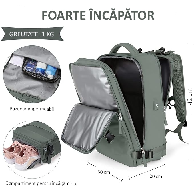 Rucsac de Calatorie pentru Avion, City Break, Impermeabil, port USB, pana la 35 L, Kaki, OBRALIX®